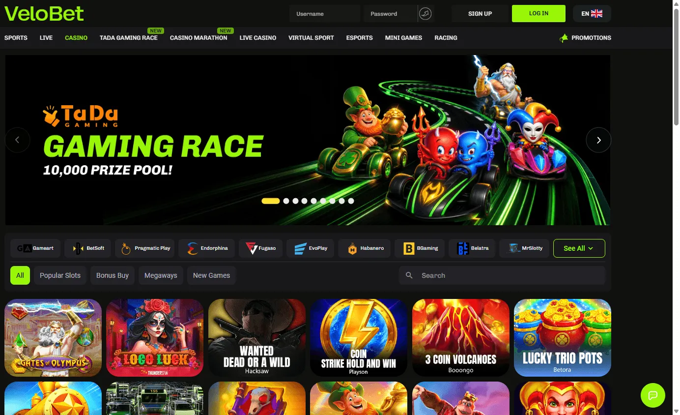 Velobet Casino desktop games area with pokies and casino categories