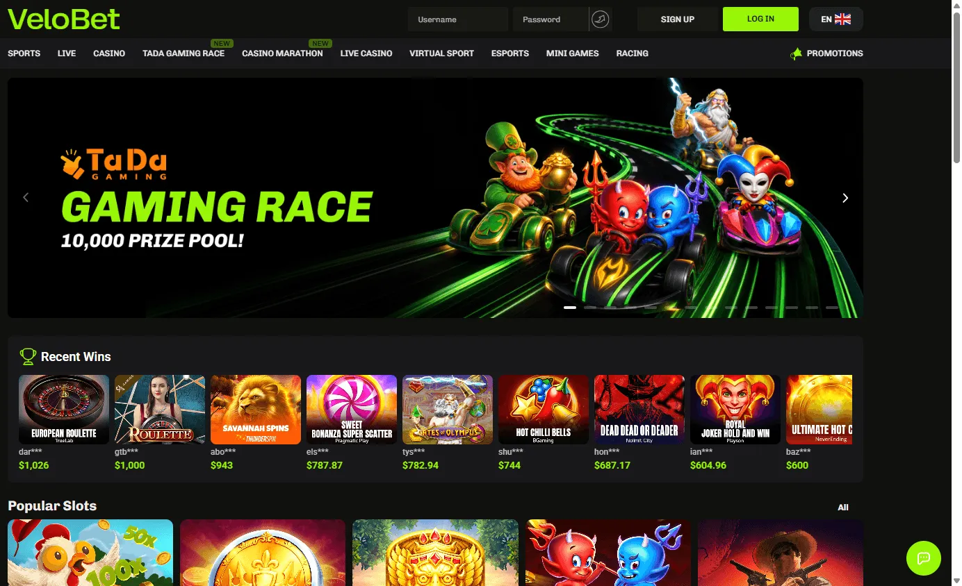 Velobet Casino desktop home with casino and sports betting options