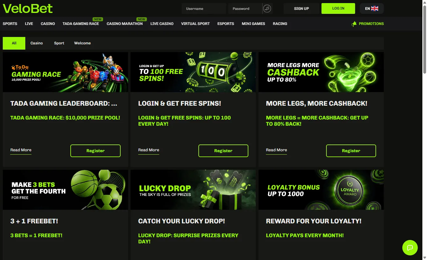 Velobet Casino desktop promotions area with bonus and leaderboard offers